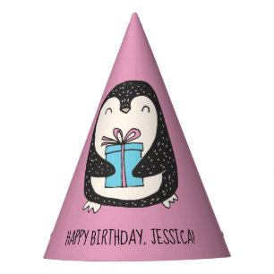 Cute Penguin with a Present Personalised Birthday Party Hat