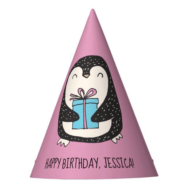 Cute Penguin with a Present Personalised Birthday Party Hat (Front)