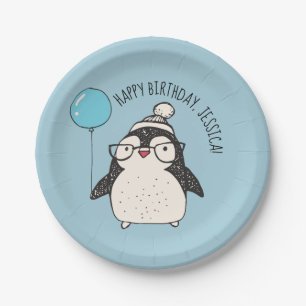 Cute Penguin with Blue Balloon Personalised Paper Plate