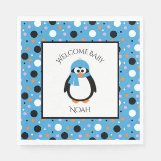 Cute Penguin with Blue Hat and Scarf on Polkadots Napkin