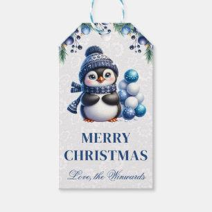 Cute Penguin with Blue Ornaments Christmas Gift Tags
