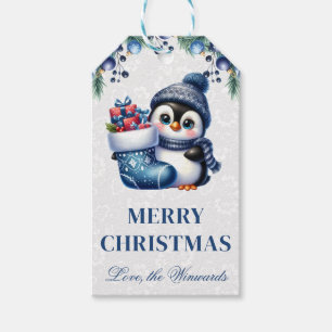 Cute Penguin with Blue Stocking Christmas Gift Tags