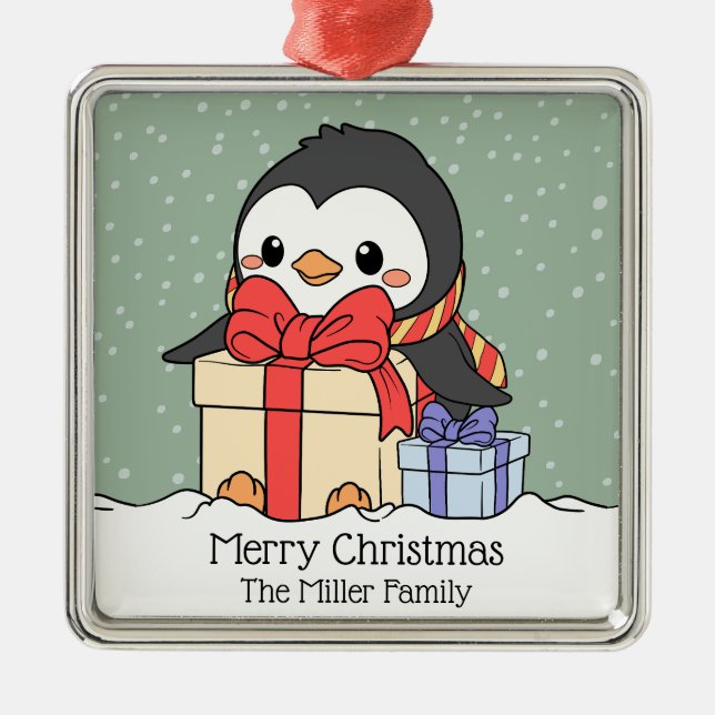 Cute penguin with Christmas gifts in the snowfall  Metal Tree Decoration (Front)