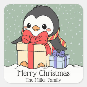 Cute penguin with Christmas gifts in the snowfall Square Sticker