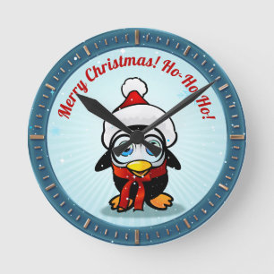 Cute Penguin With Christmas Hat Cartoon Round Clock