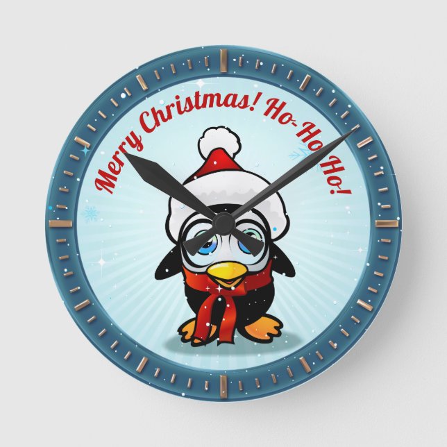 Cute Penguin With Christmas Hat Cartoon Round Clock (Front)