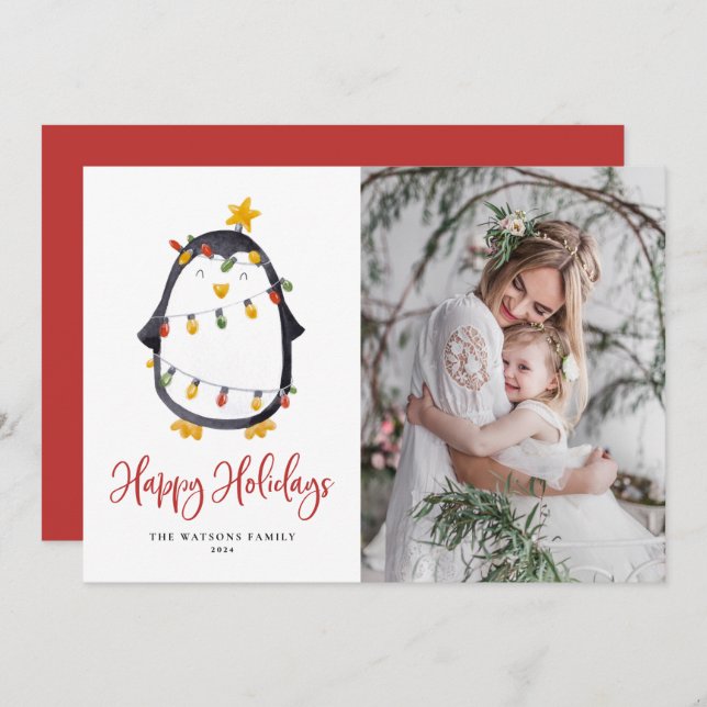 Cute Penguin with Christmas Lights Photo Holiday Card (Front/Back)
