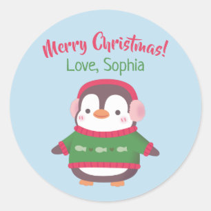 Cute Penguin With Ear Muffs And Christmas Sweater Classic Round Sticker