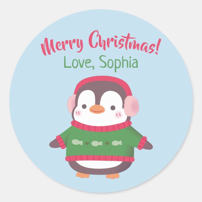 Cute Penguin With Ear Muffs And Christmas Sweater Classic Round Sticker (Front)