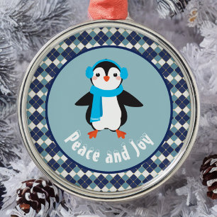 Cute Penguin with Earmuffs Peace and Joy Metal Tree Decoration