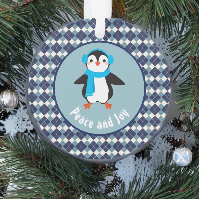 Cute Penguin with Earmuffs Peace and Joy Ornament (Creator Uploaded)