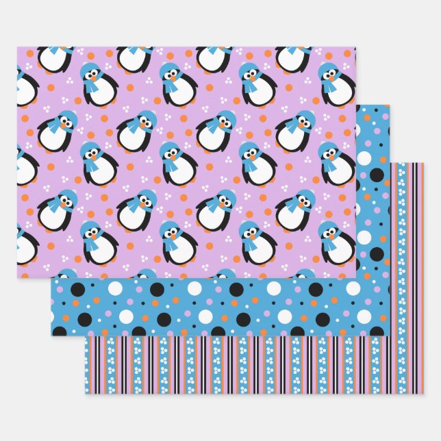 Cute Penguin with Hat and Scarf Stripes Polka-Dots Wrapping Paper Sheet (Set)