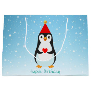 Cute Penguin with Heart on Light Blue Large Gift Bag