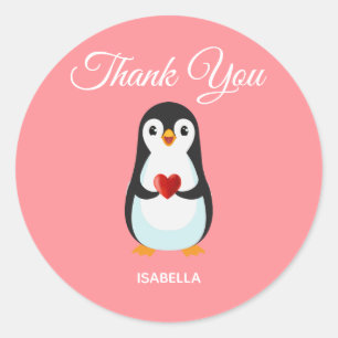 Cute Penguin with Heart on Pink Thank You Classic Round Sticker