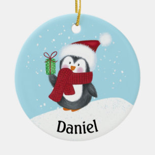 Cute Penguin with Name Christmas Ceramic Ornament