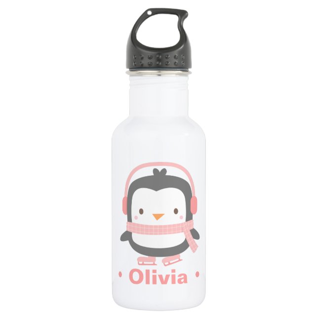 Cute Penguin With Pink Scarf and Ear Muffs 532 Ml Water Bottle (Front)