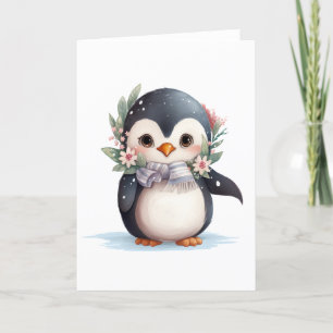 Cute Penguin With Scarf and Holly BLANK Holiday Card
