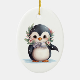 Cute Penguin With Scarf and Holly Ceramic Tree Decoration