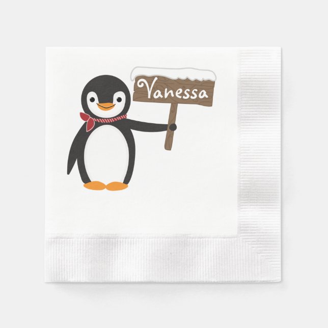 Cute Penguin with Scarf & Wooden Sign Napkin (Front)