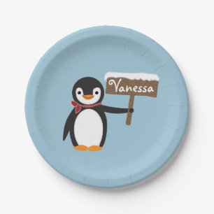 Cute Penguin with Scarf & Wooden Sign Paper Plate
