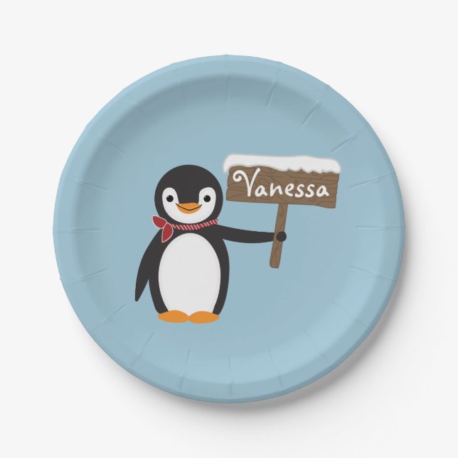 Cute Penguin with Scarf & Wooden Sign Paper Plate (Front)