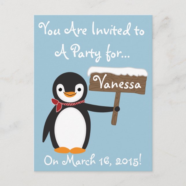 Cute Penguin with Striped Scarf Customisable Invitation Postcard (Front)