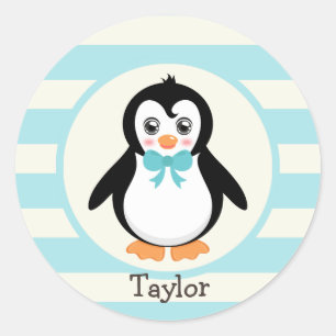 Cute Penguin with Turquoise Bowtie Classic Round Sticker