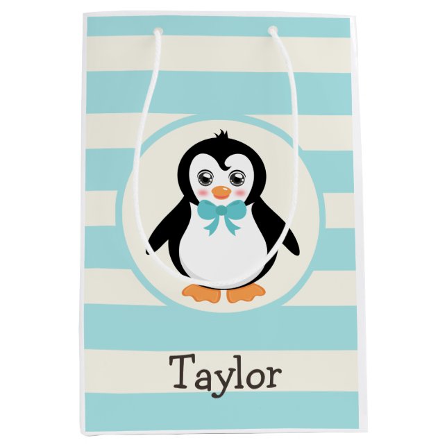 Cute Penguin with Turquoise Bowtie Medium Gift Bag (Front)