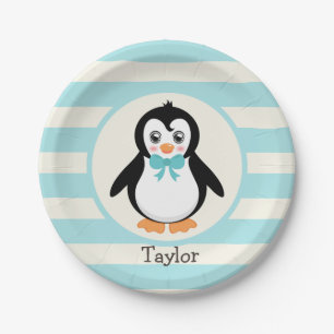 Cute Penguin with Turquoise Bowtie Paper Plate
