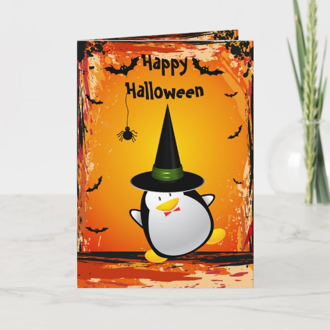Cute Penguin with Witches Hat Halloween Card (Front)