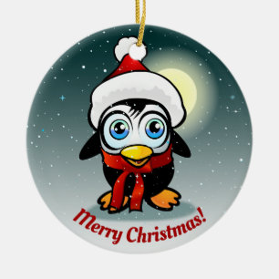 Cute Penguin With Xmas Hat Cartoon Ceramic Tree Decoration