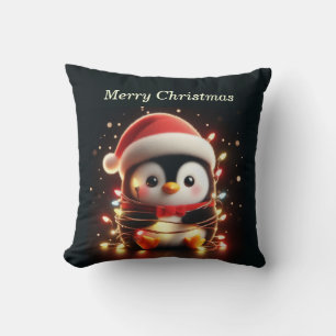 Cute Penguin Wrapped in Christmas Lights Cushion