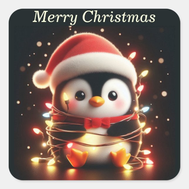 Cute Penguin Wrapped in Christmas Lights Square Sticker (Front)