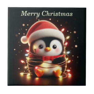 Cute Penguin Wrapped in Christmas Lights Tile