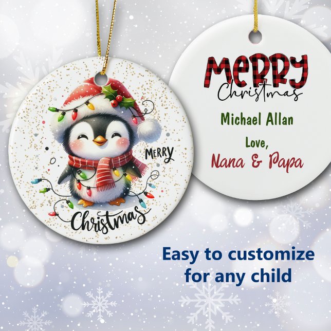 Cute Penguin Wrapped in Lights Kid's Christmas Ceramic Tree Decoration (Creator Uploaded)