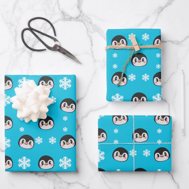 Cute Penguin Wrapping Paper Sheet (Front)