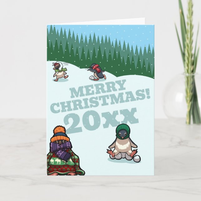 Cute Penguins Add The Year Merry Christmas! Winter Holiday Card (Front)