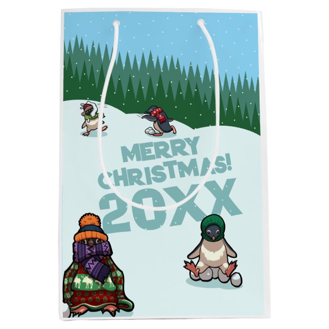 Cute Penguins Add The Year Merry Christmas! Winter Medium Gift Bag (Front)