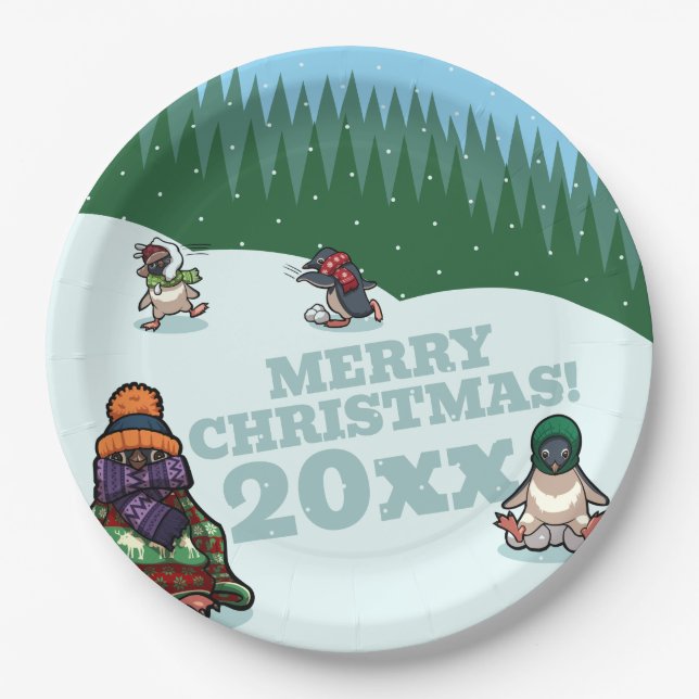 Cute Penguins Add The Year Merry Christmas! Winter Paper Plate (Front)