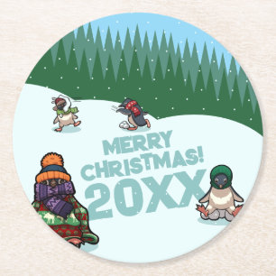 Cute Penguins Add The Year Merry Christmas! Winter Round Paper Coaster