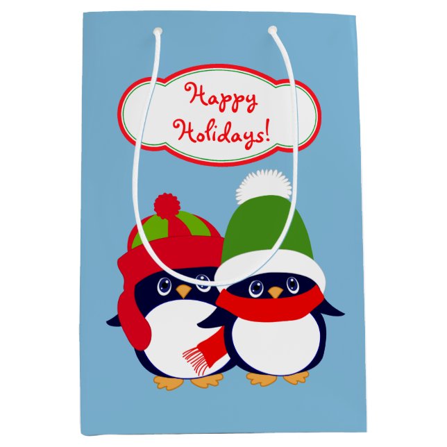 Cute Penguins and Owls Holiday Medium Gift Bag (Front)