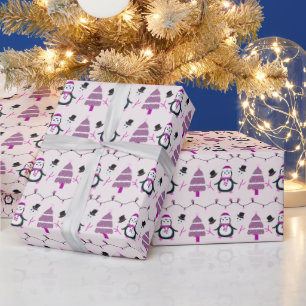 Cute Penguins and Purple Christmas Trees Christmas Wrapping Paper