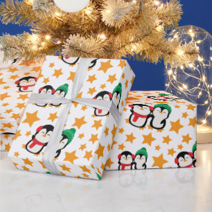 Cute Penguins and Yellow Stars White Seamless Wrapping Paper