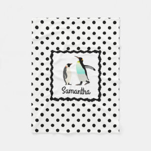 Cute Penguins, B&W polka dots, personalise w name Fleece Blanket
