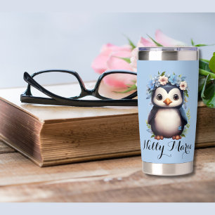 Cute Penguins Blue Custom Name & Initials Insulated Tumbler