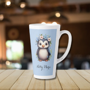 Cute Penguins Blue Custom Name & Initials Latte Mug