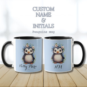 Cute Penguins Blue Custom Name & Initials Mug