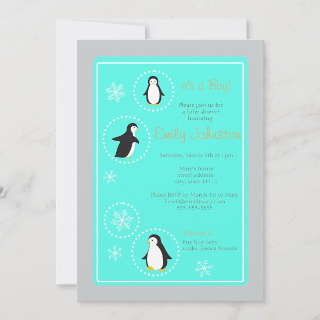 cute penguins boy baby shower invitations (Front)