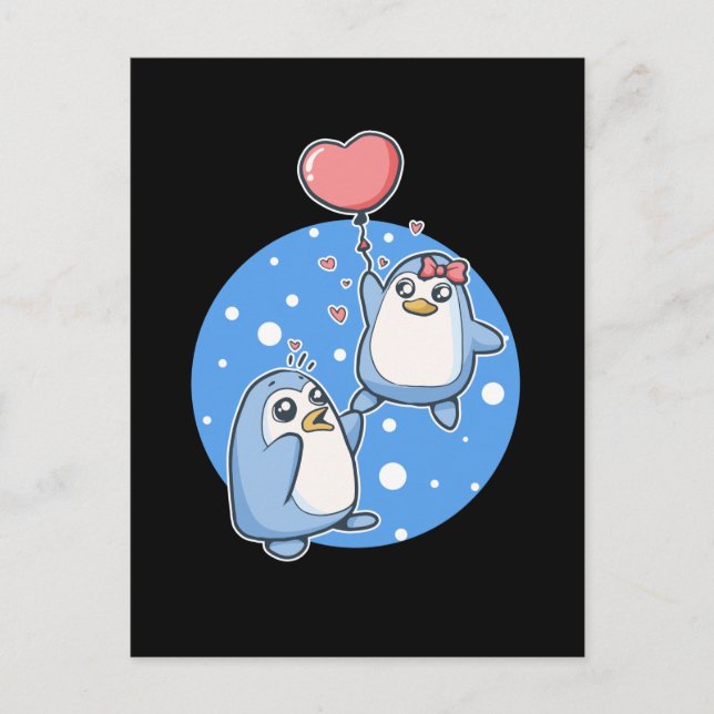 Cute Penguins Couple Heart Balloon Penguin Postcard (Front)