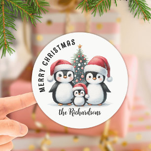 Cute Penguins Custom Family Name Merry Christmas Classic Round Sticker